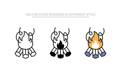 Bonfire icon set in different style with white background illustration