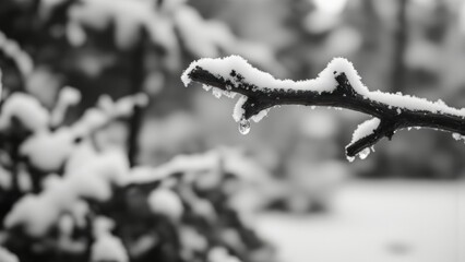 Obraz premium A single, glistening droplet clings to a frosted branch, stark against a blurred, snow-dusted background. Delicate ice crystals coat the twig, highlighting its texture and the droplet's fragile hold.