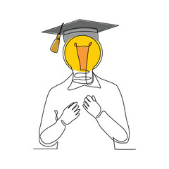 continuous single one line sketch drawing of man with bulb idea head wearing collage graduation hat cap. Smart genius people business finance and study school vector illustration editable stroke