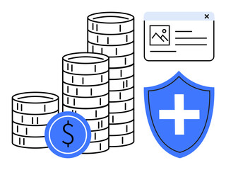 Financial security, digital safety, online transactions, data protection, healthcare financing, business security. Stacked coins, shield with cross and a digital window icon. Financial security