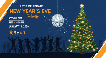 Illustration of a New Year's Eve party invitation. Disco ball, decorated fir, silhouette of dancing figures symbolize celebration and festive atmosphere