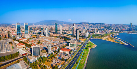 Bayrakli business district aerial panoramic view in Izmir city