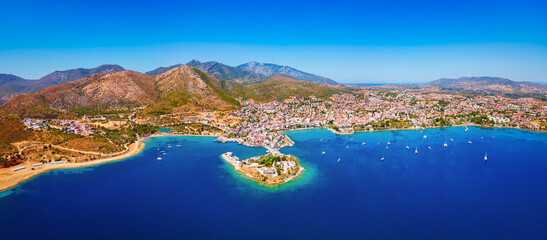 Datca beach and marina aerial panoramic view in Turkey
