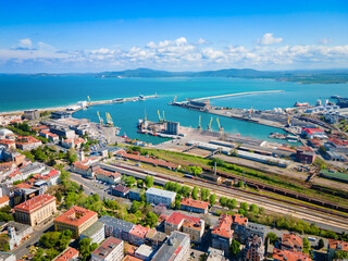 Burgas city port aerial panoramic view in Bulgaria