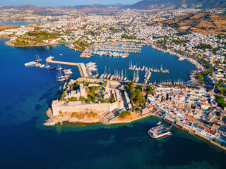 The Bodrum Castle and marina aerial panoramic view in Turkey