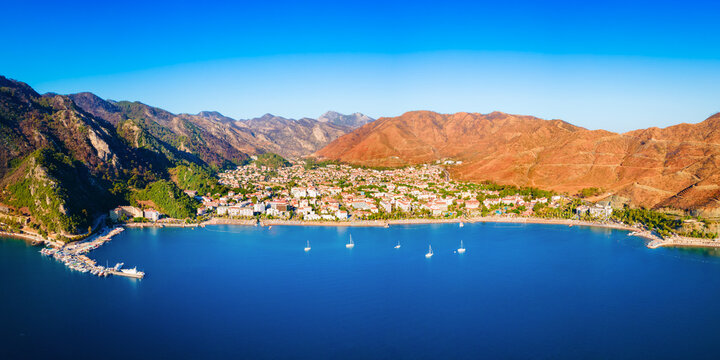 Icmeler town beach aerial panoramic view in Turkey - Powered by Adobe