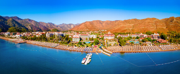 Icmeler town beach aerial panoramic view in Turkey
