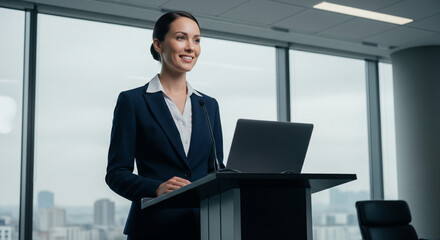 Poised Professional's Address: A confident businesswoman delivers a compelling speech at a sleek podium, bathed in natural light against a modern city backdrop.