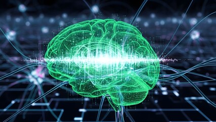 Wireframe human brain with glowing light and neural network connections in background