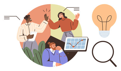 Group exchanging ideas, data chart analysis, high-five symbolizing collaboration, man thinking. Light bulb for creativity and magnifying glass for research. Ideal for teamwork, innovation, research