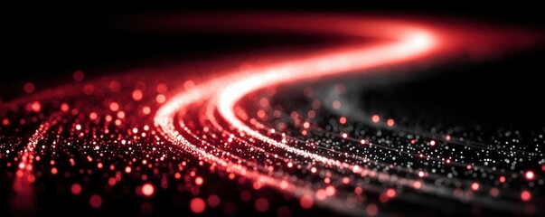 Abstract red glowing arrow with dot pattern on dark background, futuristic digital art