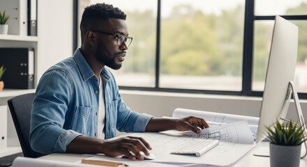 Concentrated Focus: A focused individual, adorned with glasses, engrossed in his work at a desk in the office, the screen displaying relevant data and documents on the desk. 