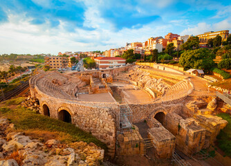 Tarragona Amphitheatre aerial panoramic view, Spain