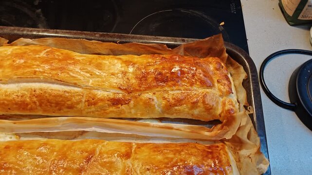 Homemade freshly baked apple strudel just taken out of the oven, golden and crisp. Warm dessert scene highlights traditional baking, comfort food, and inviting home atmosphere.