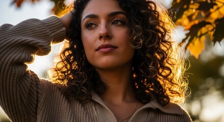 Beautiful young woman with voluminous curly hair illuminated by golden hour sunlight outdoors