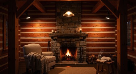 Cozy interior scene features a roaring fireplace surrounded by rustic log cabin walls