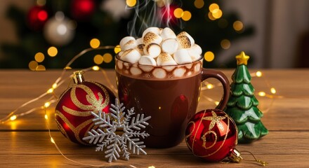 Steaming mug of rich cocoa topped with toasted marshmallows sits amidst holiday decorations