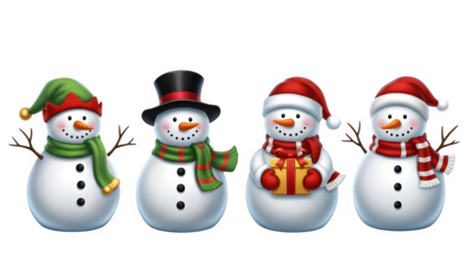 Four adorable snowman characters wearing colorful winter hats and scarves on a transparent backdrop isolated on transparent background
