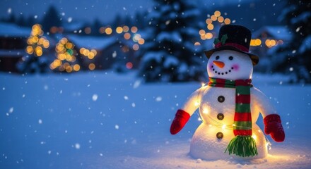 Illuminated winter figure wearing festive accessories stands outdoors during snowfall at dusk