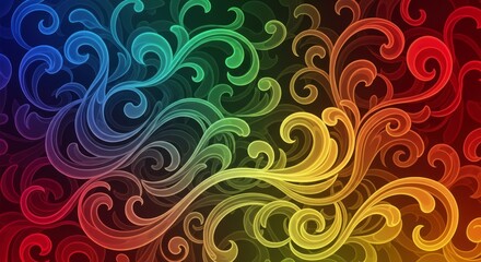 Ornamental swirls transition across a dark background in a vibrant spectrum of colors