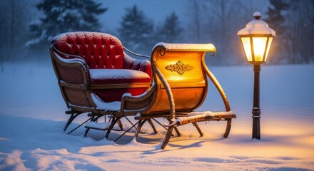 Ornate wooden sleigh rests beside a warmly lit streetlamp amidst a snowy landscape