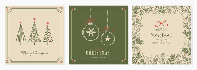 Fototapeta premium Cute Christmas cards with hand drawn elements, universal templates, great for greetings cards, invitations - vector design