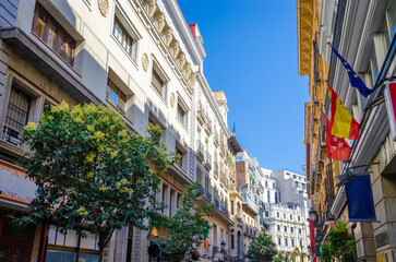 Beautiful street in Madrid, Spain. Architecture of Madrid