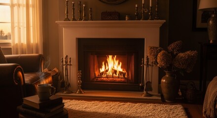 Warm ambient light illuminates a cozy interior scene featuring a lit hearth beside comfortable seating and decorative elements