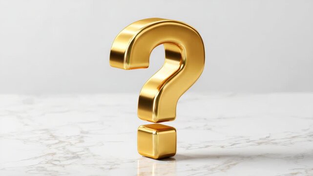 Shiny golden question mark with textured surface placed on soft white silk background, symbolizing mystery, inquiry, and luxury concept