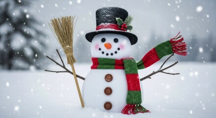Festive snowman creation stands outdoors during a gentle snowfall