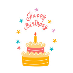 Playful Happy Birthday Design with Colorful Cake, Candle, and Stars for Party Decorations and Prints