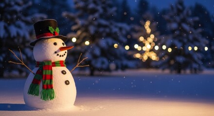 Traditional snowman figure stands outdoors in a snowy, festive winter scene at dusk
