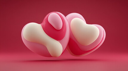 Two glossy pink hearts floating together on plain red background