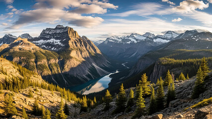 Stunning panoramic view of sunlit alpine valley with turquoise glacial lake and towering snow capped mountains