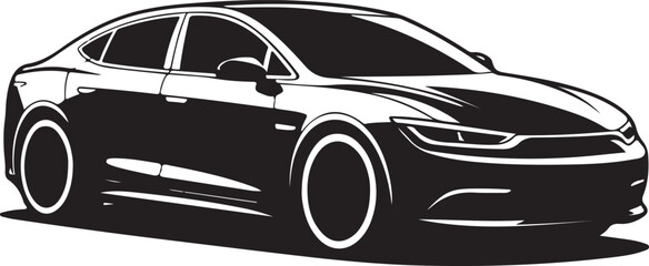  Black and white silhouette of a modern sedan car viewed from the front three-quarter angle