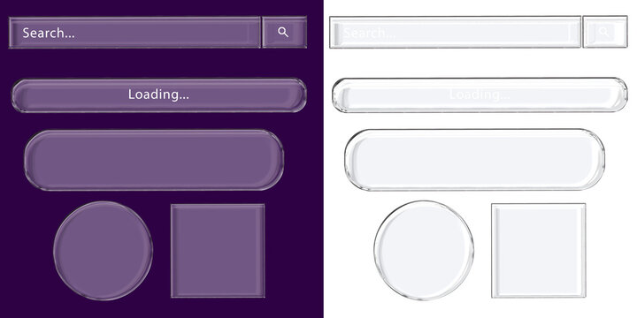 Glossy purple glass UI elements set with search bar, loading bar, rounded buttons, circle and square shapes isolated on transparent background for modern app and web interface design