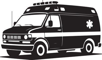 Black and white silhouette of an ambulance vehicle with emergency lights medical transport