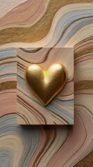 Golden heart placed on textured panel with abstract wavy background