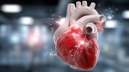 Abstract human heart with glowing connections and particles in digital art style for medical technology concept in cardiology
