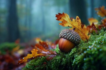 Single acorn lying on green moss