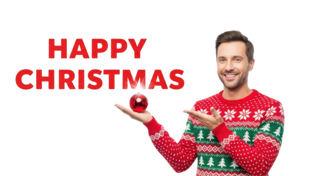 Man in ugly Christmas sweater presents holiday greeting and ornament on transparent background - Powered by Adobe