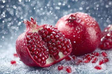 Pomegranate arils on snow-dusted surface