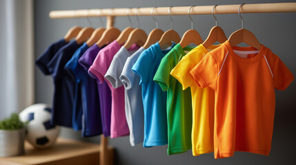 Toddlers athletic clothing, sports gear display, early childhood fitness, physical coordination introduction, sports culture promotion, playful team activity, youth development foc