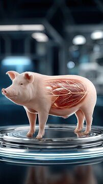 3d rendered pig model showing internal anatomy on podium in medical lab setting with lights and modern surroundings