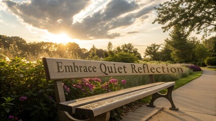 Wooden Bench with Words, Embracing Quiet Reflection at Sunset