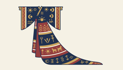 A ceremonial robe with sweeping sleeves and a long train decorated with symbols that denote historical significance radiating elegance and cultural richness.