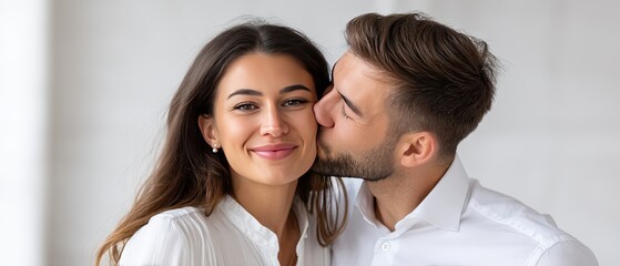 Fototapeta premium Young couple shares a kiss in sunlight at a window with a blurred background on a warm afternoon