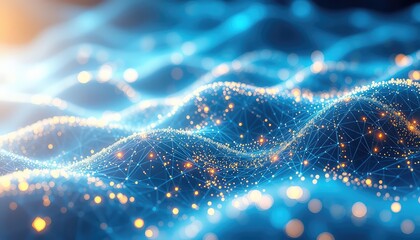 An abstract digital network of glowing points and lines creates a vibrant futuristic landscape