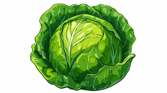 Green cabbage with layered leaves illustrated in digital art style on white background, representing fresh organic vegetable concept