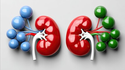 Illustration of human female renal structure with uuro mulleri in red and blue tubes and green balls on a white background viewed from above